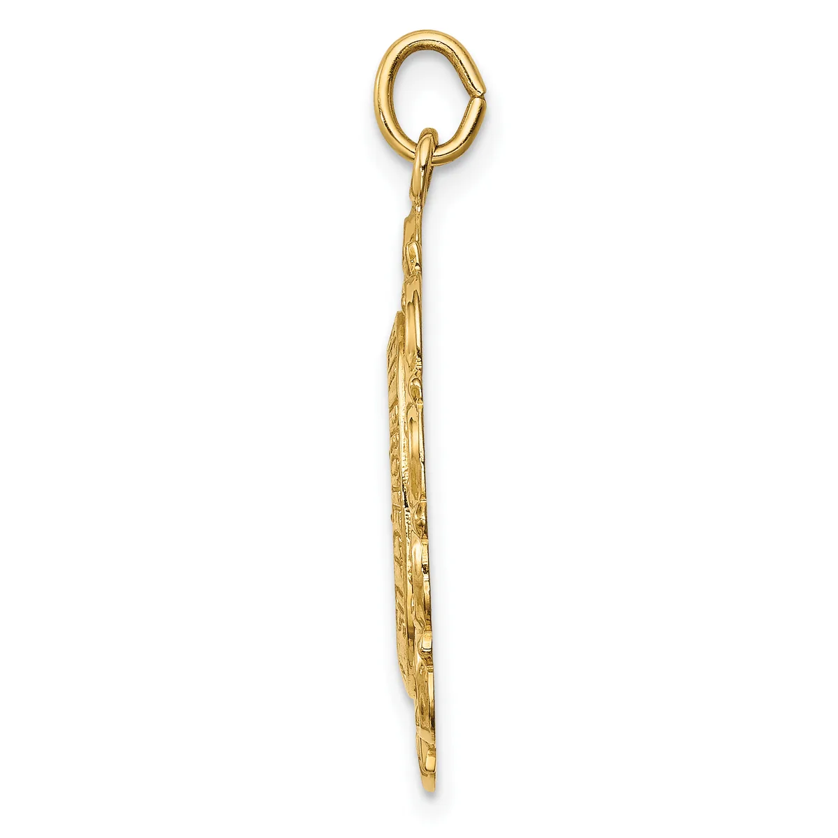 A gold-toned elongated pendant with a textured finish hanging from an oval loop at the top against a white background.