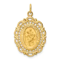 Gold pendant with an ornate oval frame featuring a relief image of Saint Christopher carrying a child, surrounded by decorative scrollwork and a beaded border.