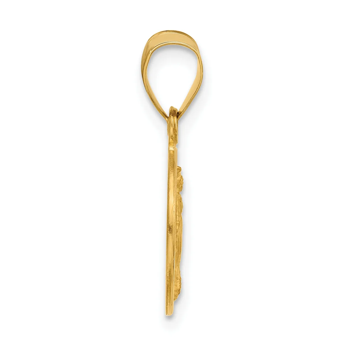 A gold-toned metal spoon with an elongated handle and a small loop at the top, shown against a white background.