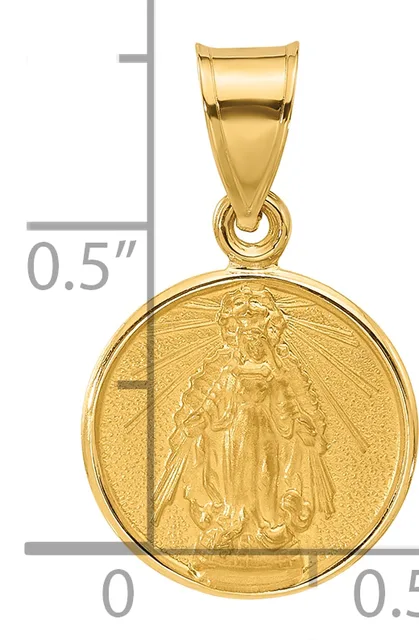Gold pendant featuring a circular medallion with a religious figure and cross, suspended from a bail, shown with a measurement scale indicating approximately 0.5 inches in height.