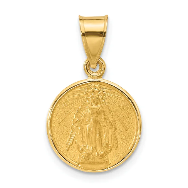 Gold circular pendant with religious figure in robes and halo, suspended from a gold bail, shown against white background.