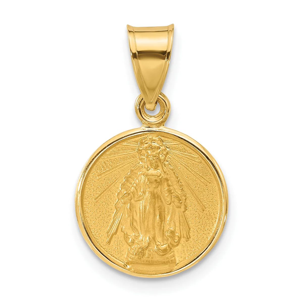 Gold circular pendant with religious figure in robes and halo, suspended from a gold bail, shown against white background.