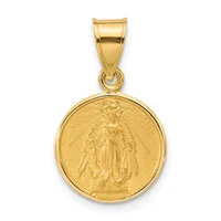Gold circular pendant with religious figure in robes and halo, suspended from a gold bail, shown against white background.
