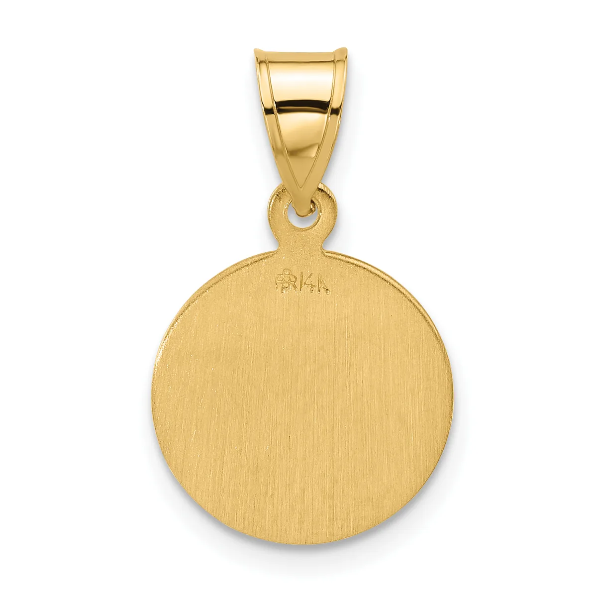 A polished gold circular pendant with a brushed finish hangs from a gold bail connector against a white background.