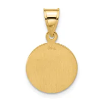 A polished gold circular pendant with a brushed finish hangs from a gold bail connector against a white background.
