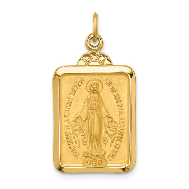 Gold rectangular pendant featuring a standing figure in robes with raised hands, surrounded by text and a date, with a decorative sunburst element at the top.