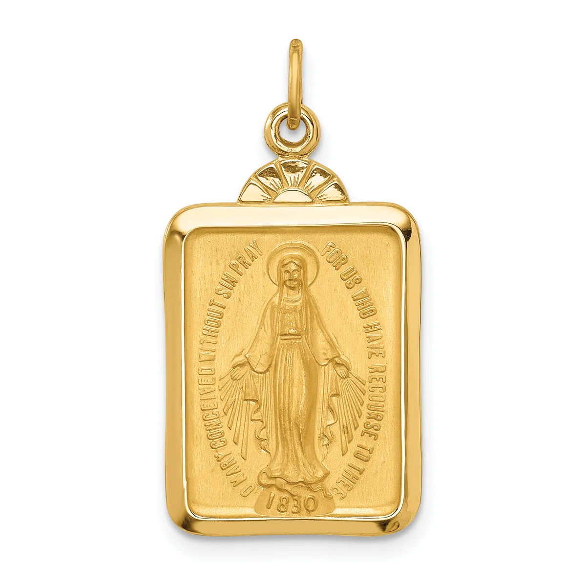 Gold rectangular pendant featuring a standing figure in robes with raised hands, surrounded by text and a date, with a decorative sunburst element at the top.
