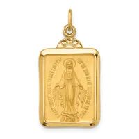 Gold rectangular pendant featuring a standing figure in robes with raised hands, surrounded by text and a date, with a decorative sunburst element at the top.