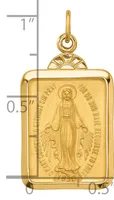 Gold rectangular pendant featuring a relief image of the Virgin Mary with outstretched hands, flanked by a decorative loop bail at top, shown against a measurement scale.