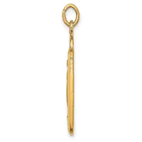 A long, slender gold pendant with an oval loop at the top and a pointed tip at the bottom, displayed vertically against a white background.