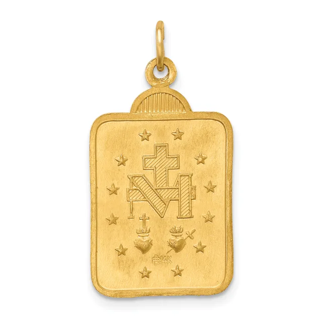 Gold rectangular pendant with rounded top featuring a cross, anchor, and heart design surrounded by stars and small crowns.