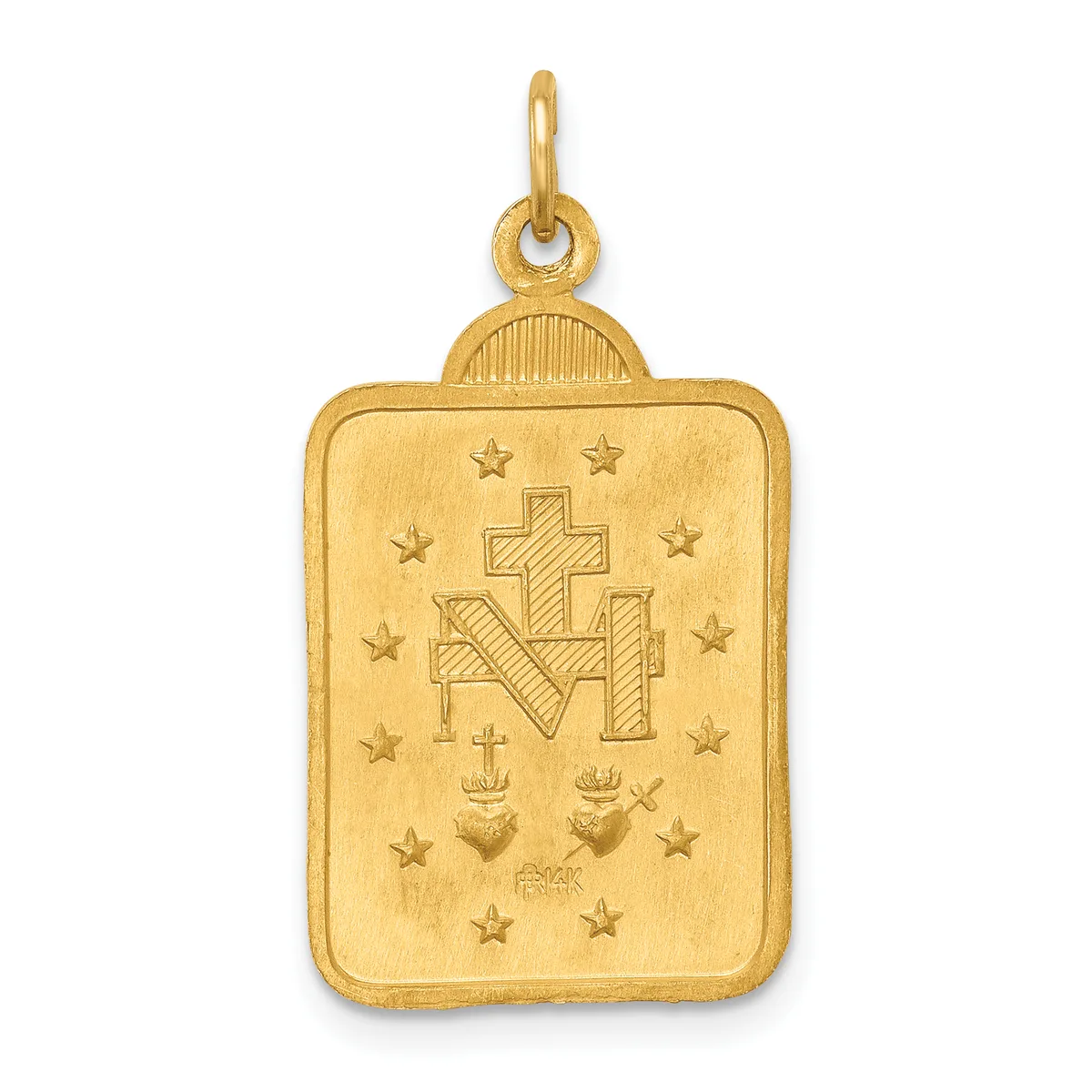 Gold rectangular pendant with rounded top featuring a cross, anchor, and heart design surrounded by stars and small crowns.