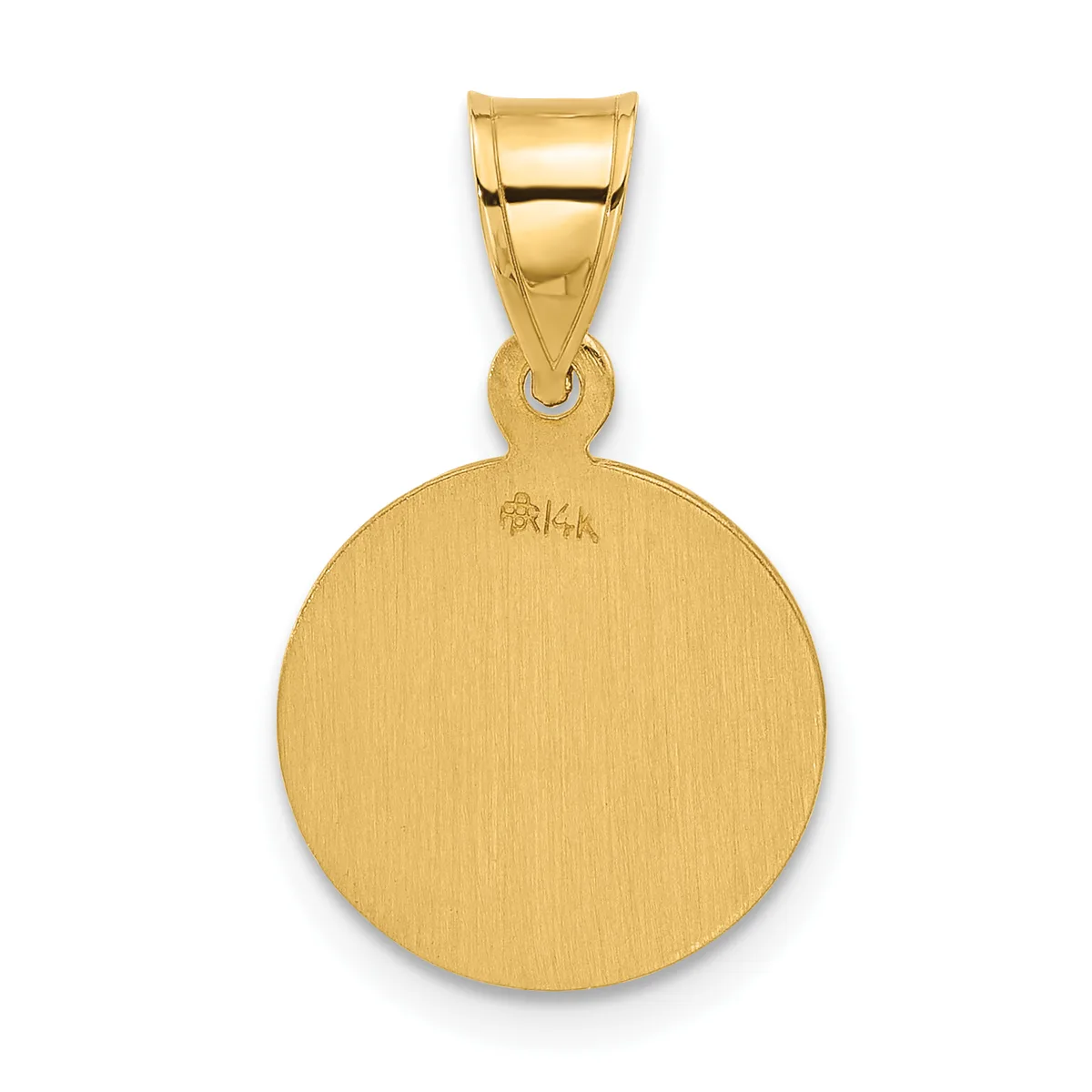 A polished gold circular pendant with a brushed finish hangs from a rectangular bail loop at the top.