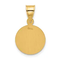 A polished gold circular pendant with a brushed finish hangs from a rectangular bail loop at the top.