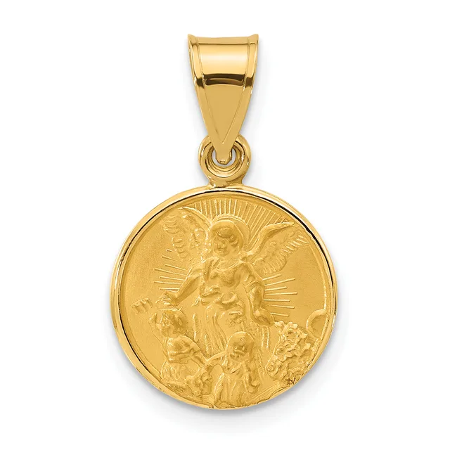 Gold pendant featuring a circular medallion with a relief image of an angel surrounded by cherubs and radiating lines, suspended from a rectangular bail.