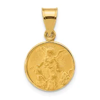Gold pendant featuring a circular medallion with a relief image of an angel surrounded by cherubs and radiating lines, suspended from a rectangular bail.