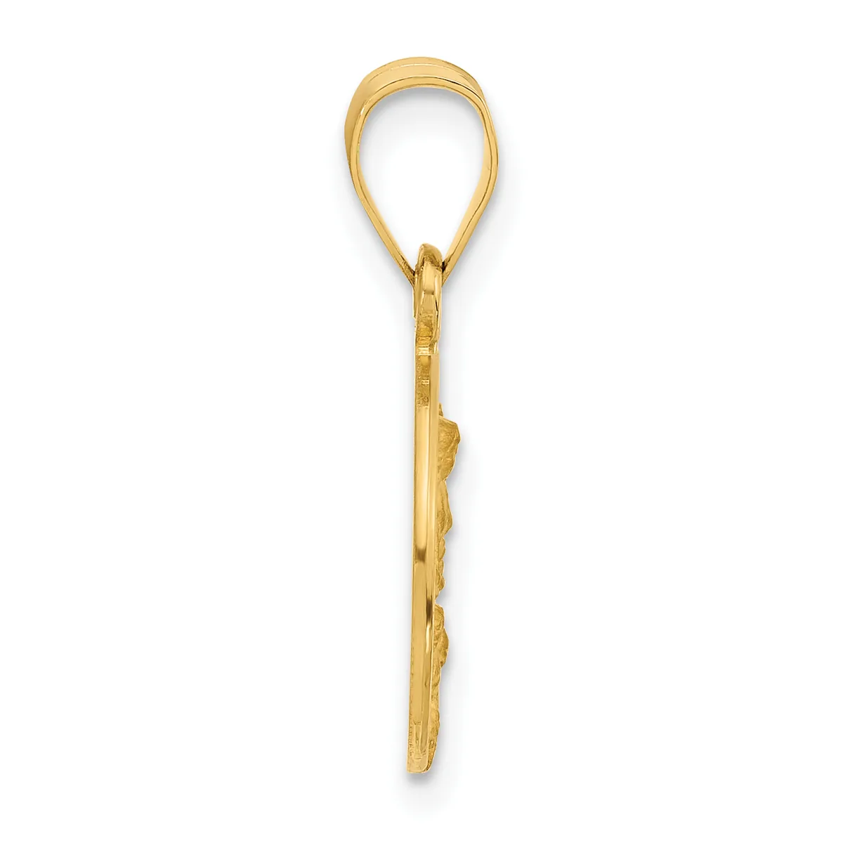 A gold pendant in the shape of a long, slender hook or loop with decorative leaf motifs along the stem, shown against a white background.