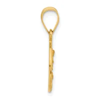 A gold pendant in the shape of a long, slender hook or loop with decorative leaf motifs along the stem, shown against a white background.