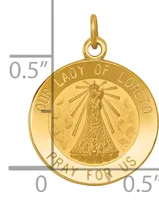 Gold circular pendant with scalloped rim featuring a robed figure with radiating lines surrounded by text reading "Our Lady of Loreto" and "Pray for Us," shown with measurement scale indicating 0.5 inches.