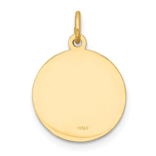 A polished gold circular pendant with a small loop attachment at the top and a small stamped hallmark on the lower surface.