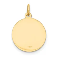 A polished gold circular pendant with a small loop attachment at the top and a small stamped hallmark on the lower surface.