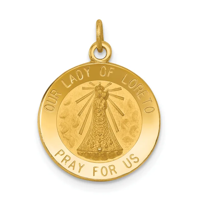 Gold pendant medal featuring "Our Lady of Loreto" with radiating lines around a robed figure, suspended from a loop bail, with text around the outer rim reading "Pray for Us."