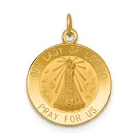 Gold pendant medal featuring "Our Lady of Loreto" with radiating lines around a robed figure, suspended from a loop bail, with text around the outer rim reading "Pray for Us."