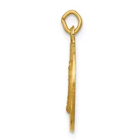 A gold pendant with a loop at the top and an elongated rectangular body featuring textured detailing along one side.