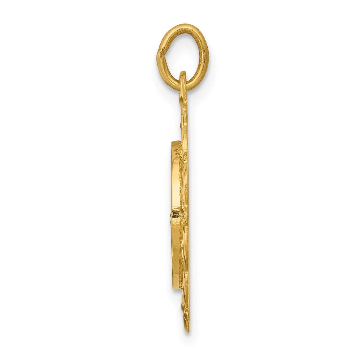 A long gold pendant featuring an oval loop at the top with a textured shaft tapering to a point at the bottom, displayed against a white background.