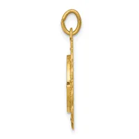 A long gold pendant featuring an oval loop at the top with a textured shaft tapering to a point at the bottom, displayed against a white background.