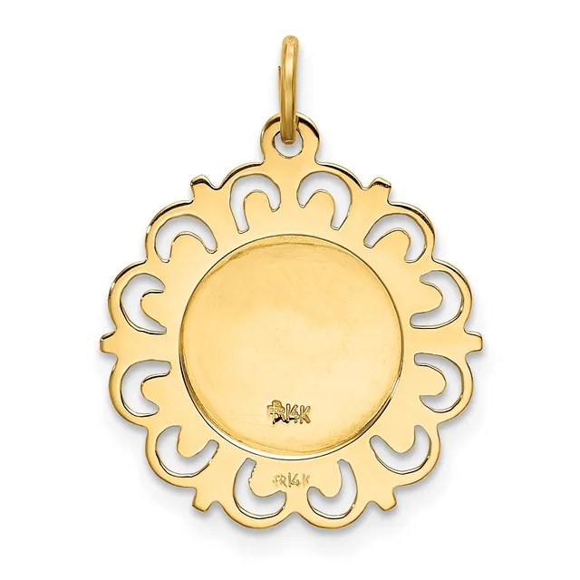 A gold pendant with a decorative scalloped border featuring curved cutout details surrounding a plain circular center disc, suspended from a small loop.