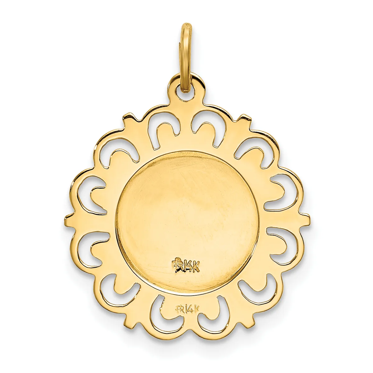 A gold pendant with a decorative scalloped border featuring curved cutout details surrounding a plain circular center disc, suspended from a small loop.