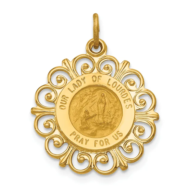 Gold pendant with ornate scrolled border featuring a circular center medallion inscribed "Our Lady of Lourdes" and "Pray for Us" with a religious scene.