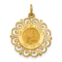 Gold pendant with ornate scrolled border featuring a circular center medallion inscribed "Our Lady of Lourdes" and "Pray for Us" with a religious scene.
