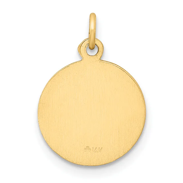 A round gold pendant with a brushed finish and a small stamped hallmark on the back, suspended from a gold bail loop.