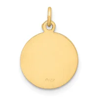 A round gold pendant with a brushed finish and a small stamped hallmark on the back, suspended from a gold bail loop.