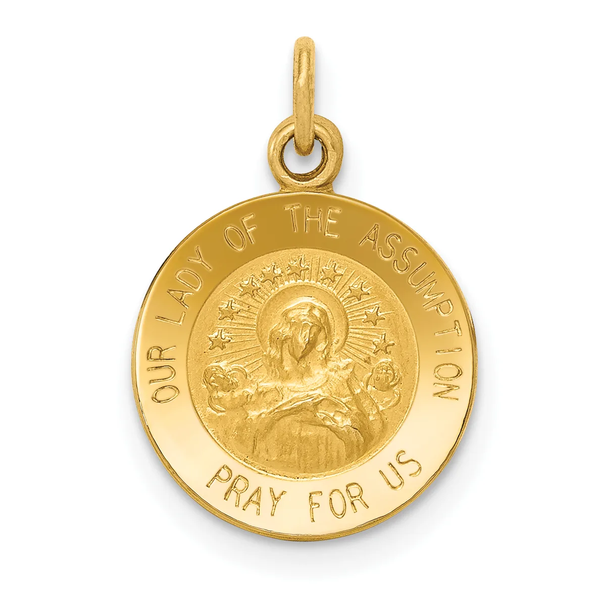 Gold pendant medal with a loop at the top, featuring a religious figure with a halo in the center surrounded by text reading "Our Lady of the Assumption" and "Pray for Us" around the outer rim.