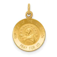 Gold pendant medal with a loop at the top, featuring a religious figure with a halo in the center surrounded by text reading "Our Lady of the Assumption" and "Pray for Us" around the outer rim.