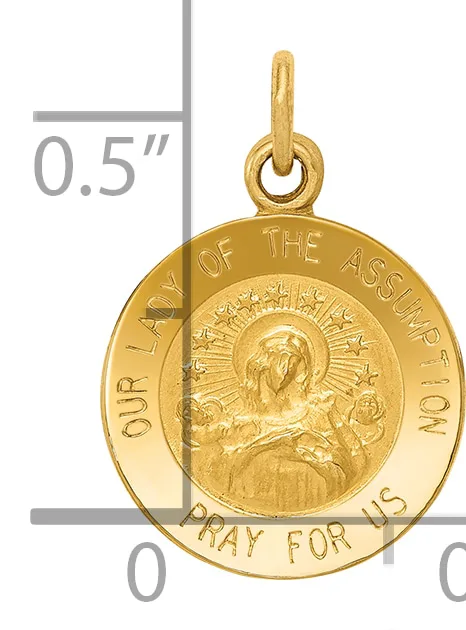 Gold-colored round pendant featuring a religious figure in the center surrounded by text, with a small loop at the top for attachment, shown at actual size of 0.5 inches.