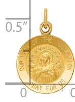 Gold-colored round pendant featuring a religious figure in the center surrounded by text, with a small loop at the top for attachment, shown at actual size of 0.5 inches.