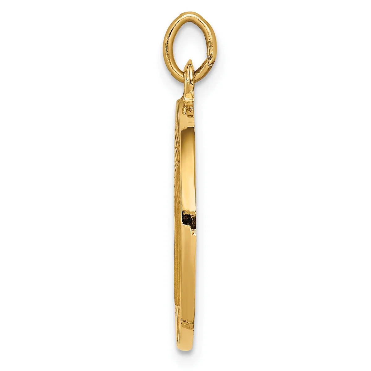 A gold rectangular pendant with a small dark stone or enamel detail, suspended from an oval loop, shown against a white background.