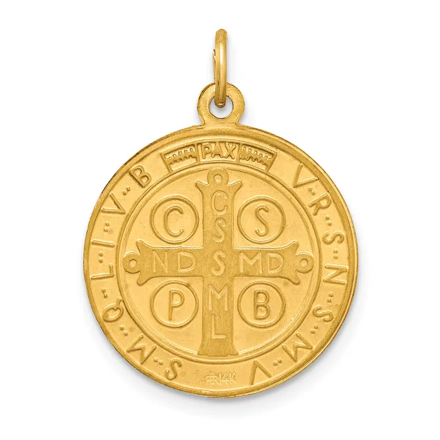 Gold round pendant with a cross at center surrounded by letters C, S, P, B and text reading "AND SMD" with Latin inscription around the outer rim and a small stamped hallmark.