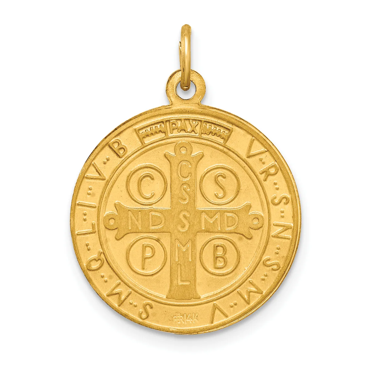 Gold round pendant with a cross at center surrounded by letters C, S, P, B and text reading "AND SMD" with Latin inscription around the outer rim and a small stamped hallmark.