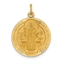 Gold round medallion pendant featuring a standing robed saint figure with a halo, holding a cross and book, surrounded by Latin text and decorative border, with a small stamped hallmark and date.