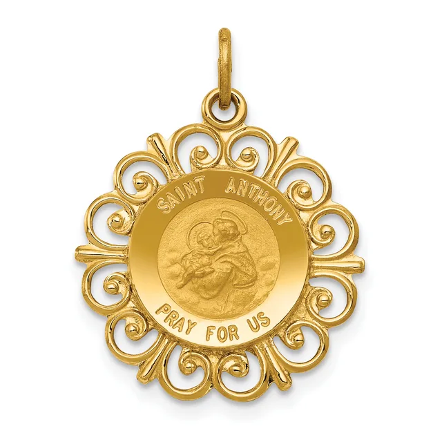 Gold pendant with ornate scrolled border surrounding a central circular medallion engraved with Saint Anthony holding a child, with text around the rim reading "Saint Anthony" and "Pray for Us."