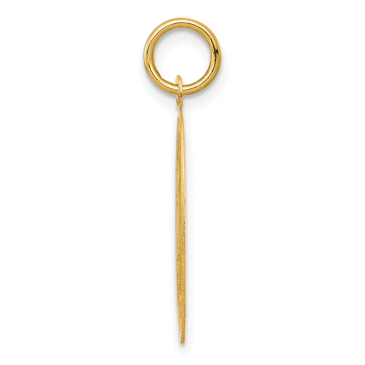 A gold-colored elongated pendant with a textured finish hanging from a smooth circular loop.