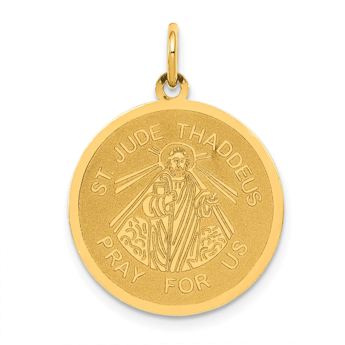 Gold round pendant featuring St. Jude Thaddeus with a halo, holding a flame, surrounded by text reading "ST. JUDE THADDEUS PRAY FOR US" with a bail loop at the top.