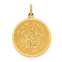 Gold round pendant featuring St. Jude Thaddeus with a halo, holding a flame, surrounded by text reading "ST. JUDE THADDEUS PRAY FOR US" with a bail loop at the top.