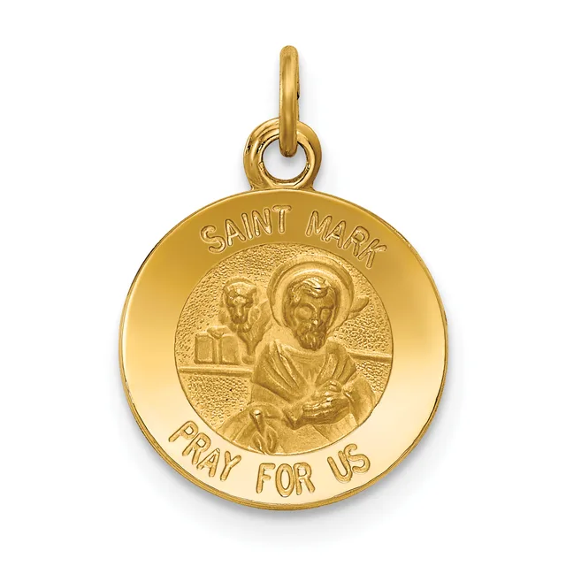 A gold circular pendant depicting Saint Mark with a halo, featuring text around the rim reading "SAINT MARK" and "PRAY FOR US," suspended from a gold bail.