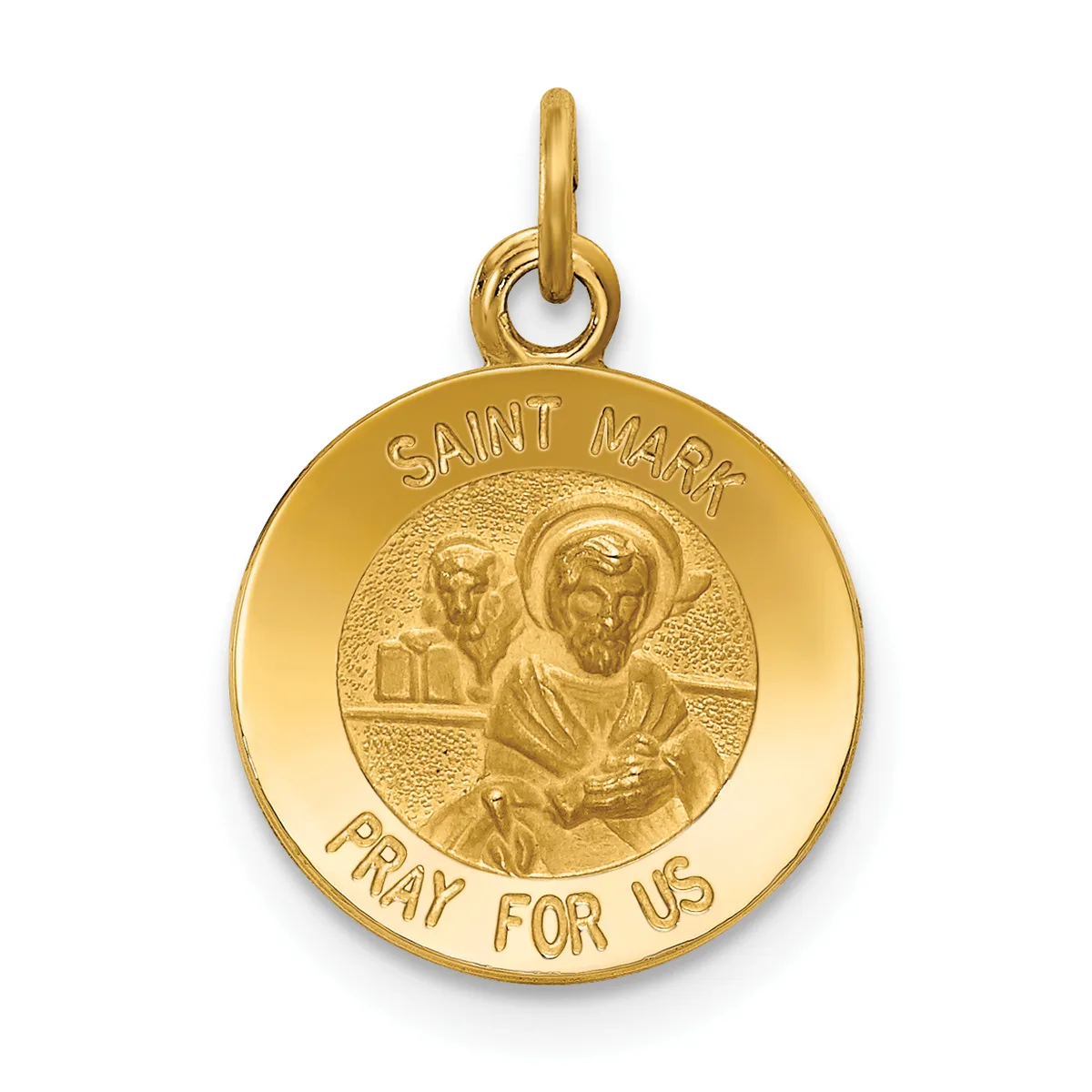 A gold circular pendant depicting Saint Mark with a halo, featuring text around the rim reading "SAINT MARK" and "PRAY FOR US," suspended from a gold bail.